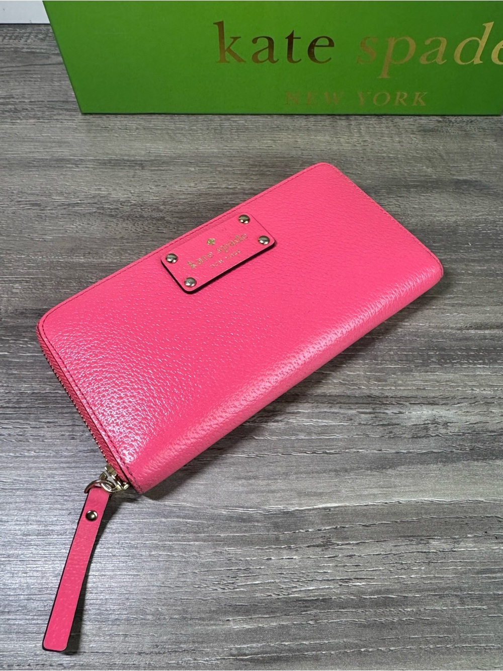 Kate Spade New York Bright Pink Zip-Around Pebbled Leather Wallet